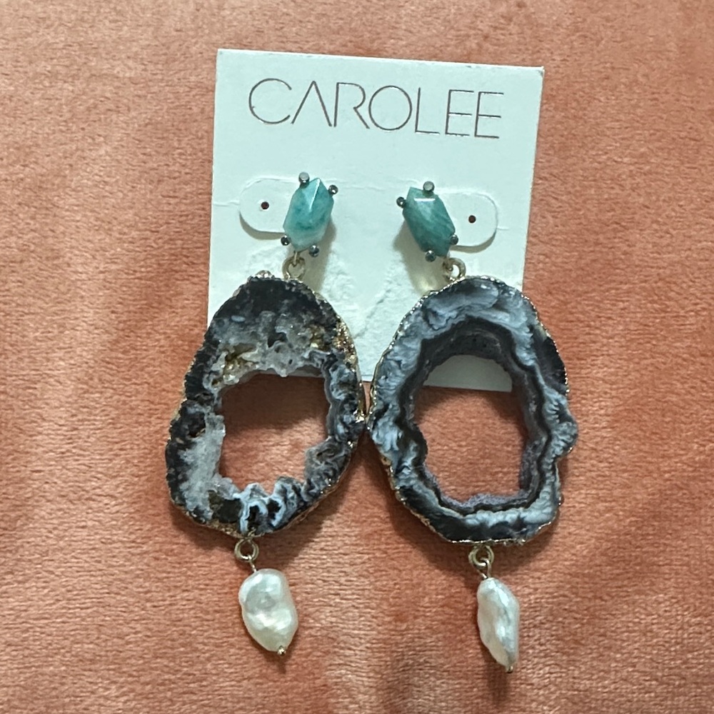 Carolee Teal and Gray Geode Earrings with Pearl Drop
